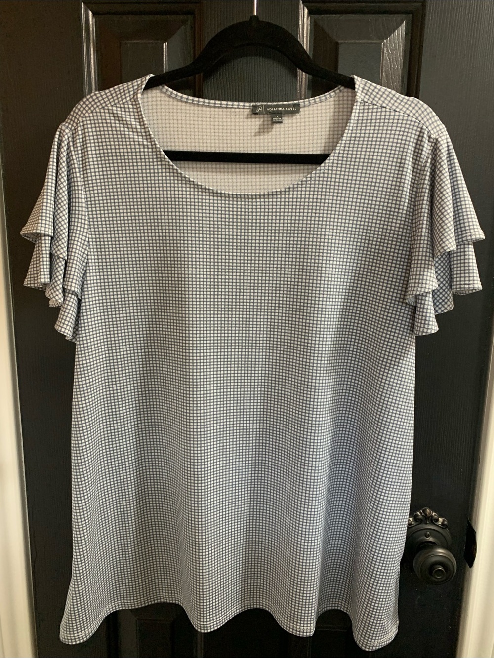 Adrianna Papell Blue and White Gingham Knit Top
